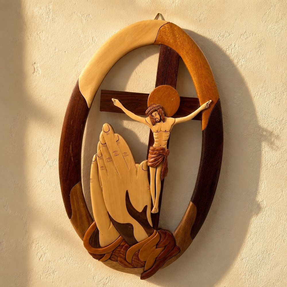 Handmade Intarsia Wood Praying Hands Crucifix Wall Hanging‎ Religious Folk Art